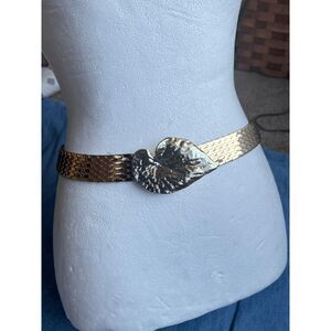 VTG Gold Leaf Buckle Stretch Belt Disco Glam Mob Wife Statement Waist Belt
